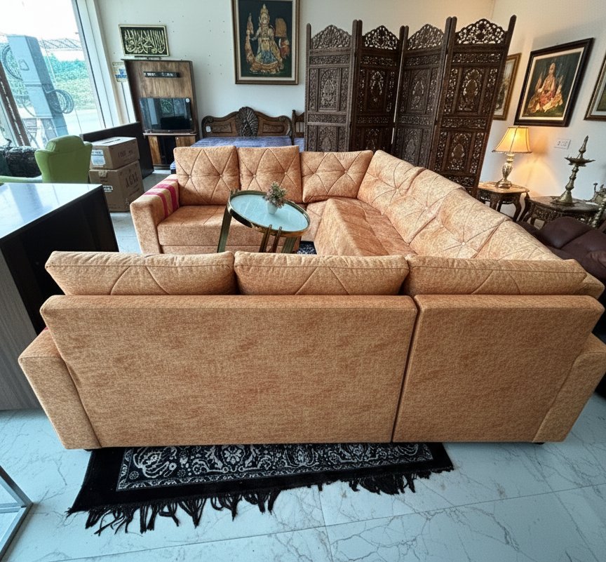 Luxury Mustard-Gold L-Shaped Sofa with Diamond-Stitched Cushions - Image 2